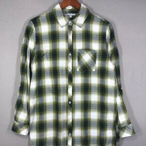 Heart N Crush Shirt Women Large Green Plaid Tunic Button Up Roll Tab Long Sleeve